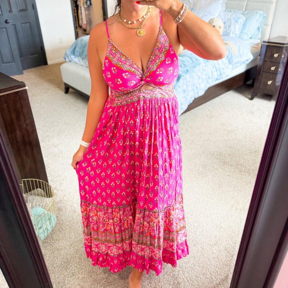 Boho Pink Floral Print Maxi Dress Sleeveless Cutout Detail Women’s M
